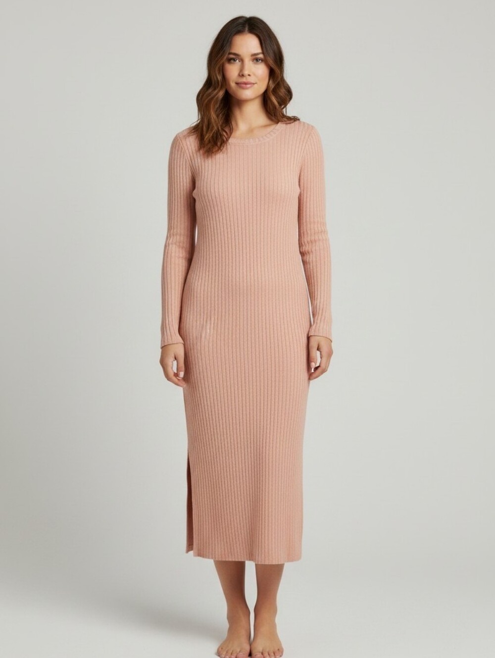 Ribbed Knit Sweater Dress Scoop Neck Pullover Solid Pink Long Sleeve XL